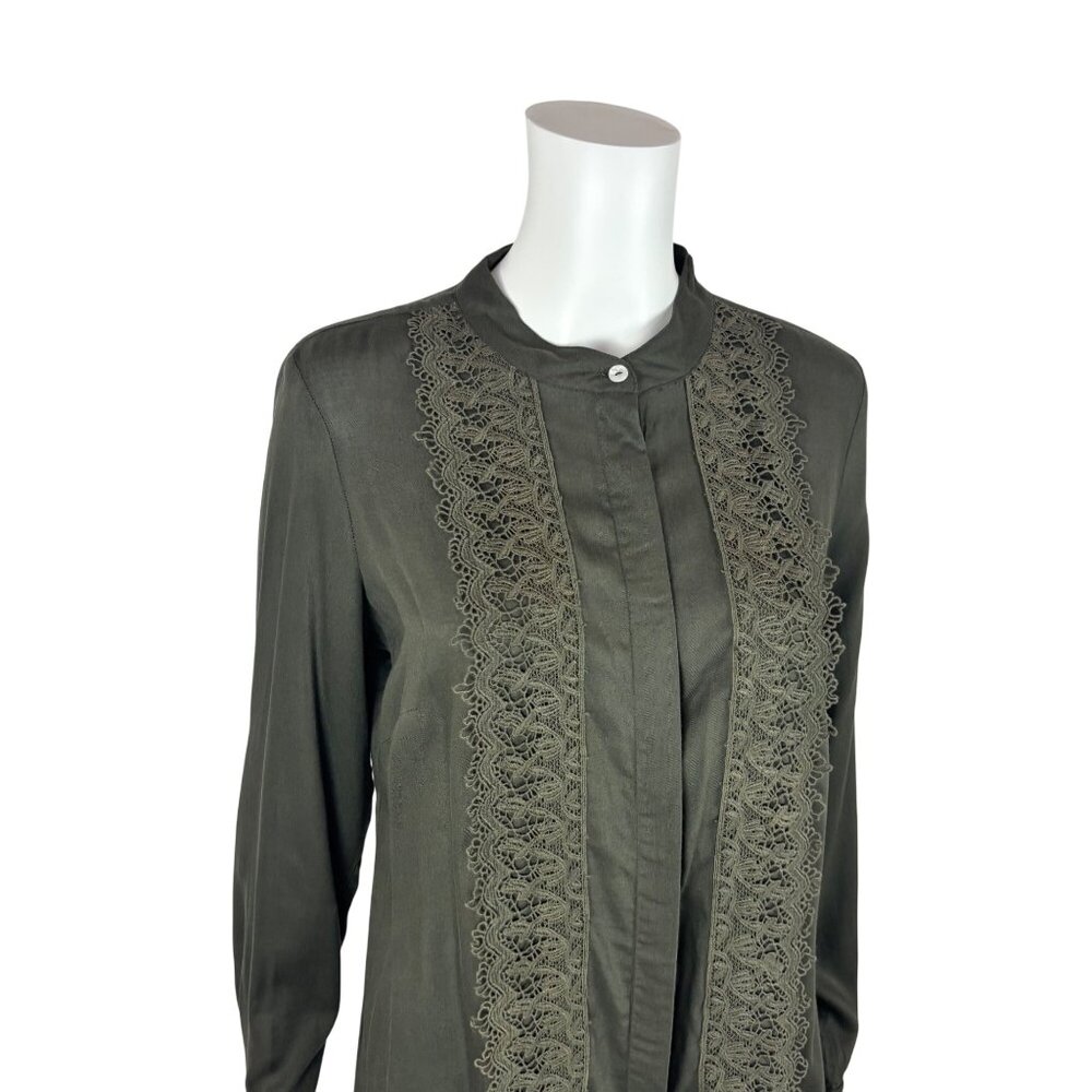 Coldwater Creek Blouse Women's Medium Olive Green Button Up Long Sleeve Lace - Picture 3 of 10
